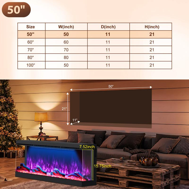 Electric Fireplace 251 RGB LED Flames Wifi Smart 50" 3-Sided Fireplace HIRESC Crystal Log Black Luxury
