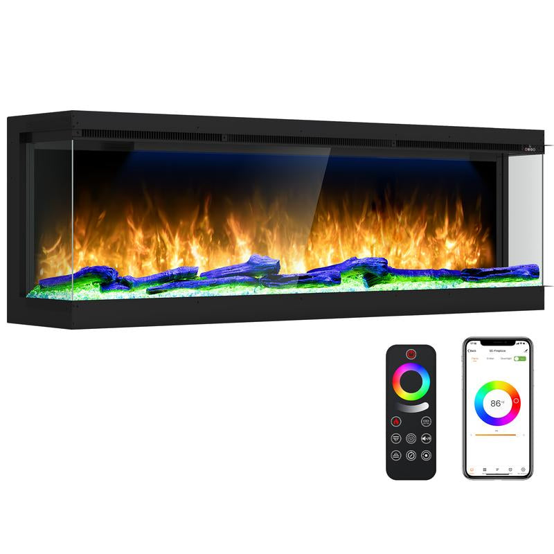 Electric Fireplace 251 RGB LED Flames Wifi Smart 50" 3-Sided Fireplace HIRESC Crystal Log Black Luxury