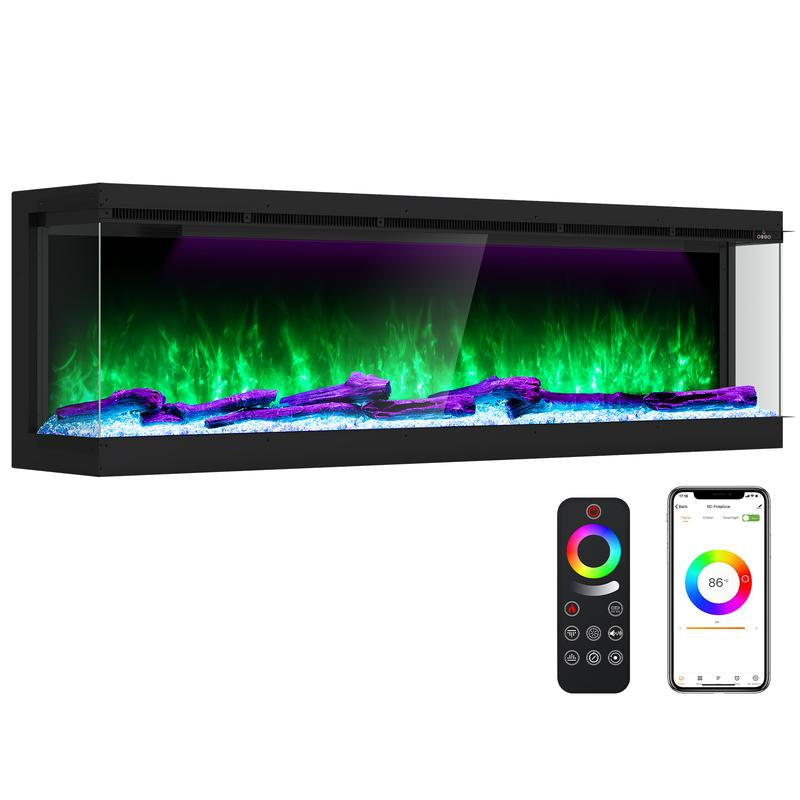 Electric Fireplace 251 RGB LED Flames Wifi Smart 50" 3-Sided Fireplace HIRESC Crystal Log Black Luxury