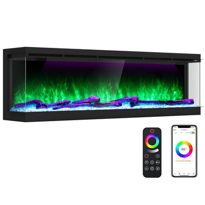 Electric Fireplace 251 RGB LED Flames Wifi Smart 50" 3-Sided Fireplace HIRESC Crystal Log Black Luxury