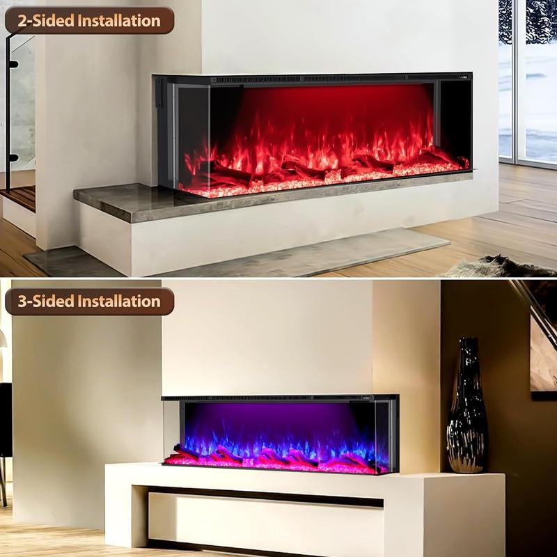 Electric Fireplace 251 RGB LED Flames Wifi Smart 50" 3-Sided Fireplace HIRESC Crystal Log Black Luxury