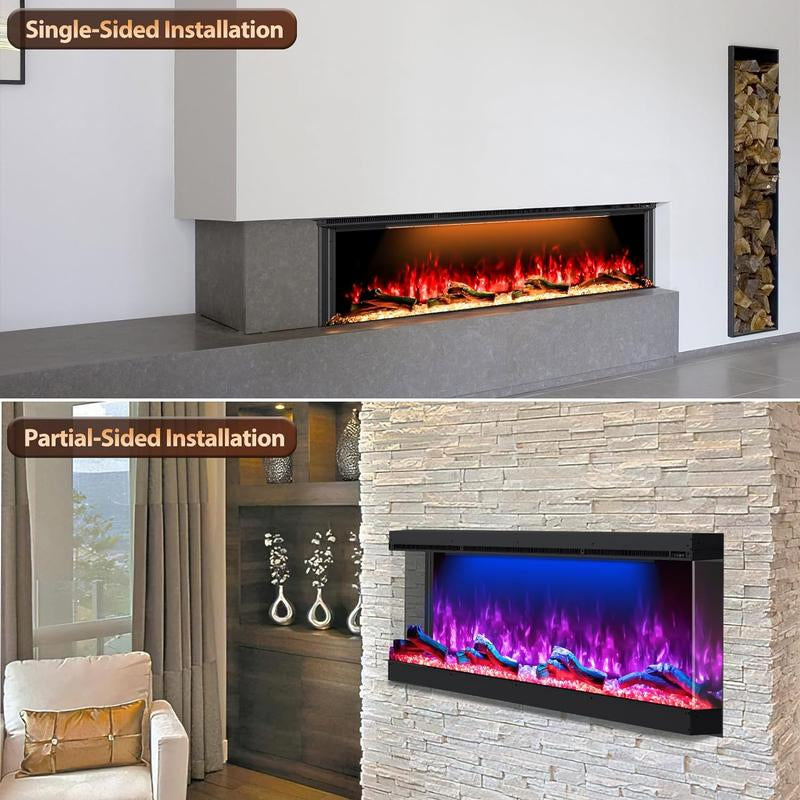 Electric Fireplace 251 RGB LED Flames Wifi Smart 50" 3-Sided Fireplace HIRESC Crystal Log Black Luxury