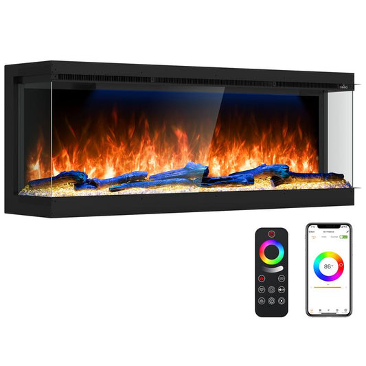 Electric Fireplace 251 RGB LED Flames Wifi Smart 50" 3-Sided Fireplace HIRESC Crystal Log Black Luxury