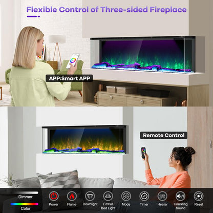 Electric Fireplace 251 RGB LED Flames Wifi Smart 50" 3-Sided Fireplace HIRESC Crystal Log Black Luxury