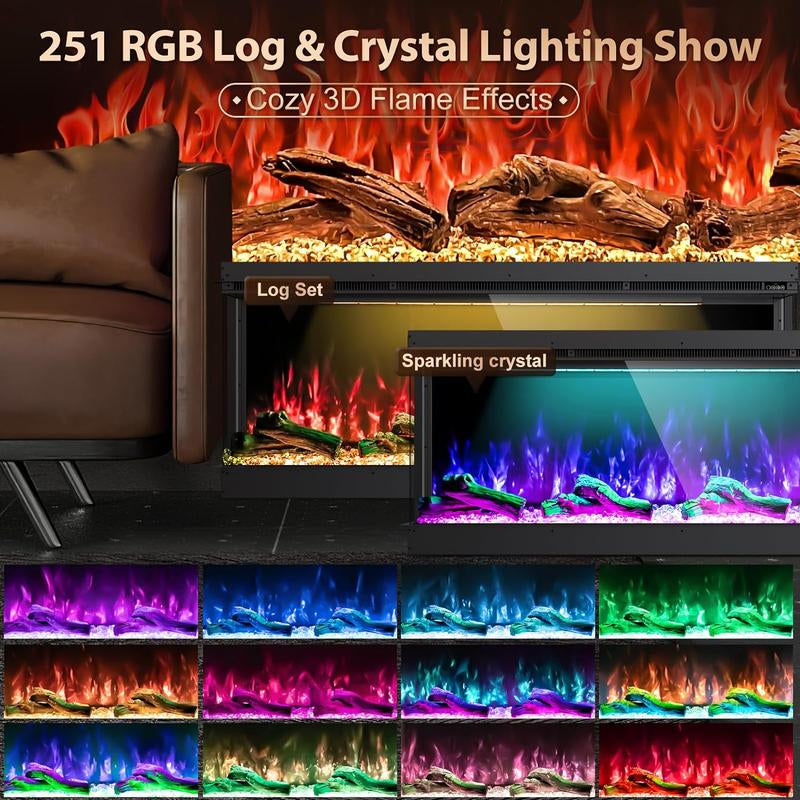 Electric Fireplace 251 RGB LED Flames Wifi Smart 50" 3-Sided Fireplace HIRESC Crystal Log Black Luxury