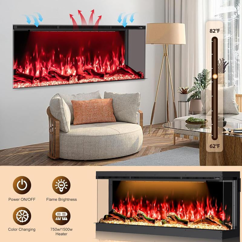 Electric Fireplace 251 RGB LED Flames Wifi Smart 50" 3-Sided Fireplace HIRESC Crystal Log Black Luxury