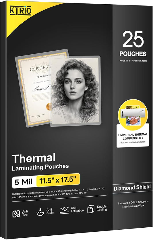 Laminating Sheets 5 Mil, Hold 11 X 17 Inches Sheet, 25 Pack, Clear Thermal Laminate Pouches for Laminator, 11.5 X 17.5 Inches Lamination Sheets for School, Home & Office
