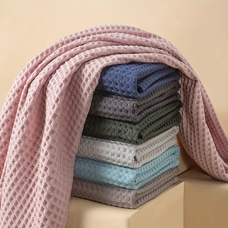 70X140Cm Large Towel Modern Waffle Bath Towel Set Quick Drying Knit Fabric Plaid Pattern Soft Absorbent Cotton Solid Color